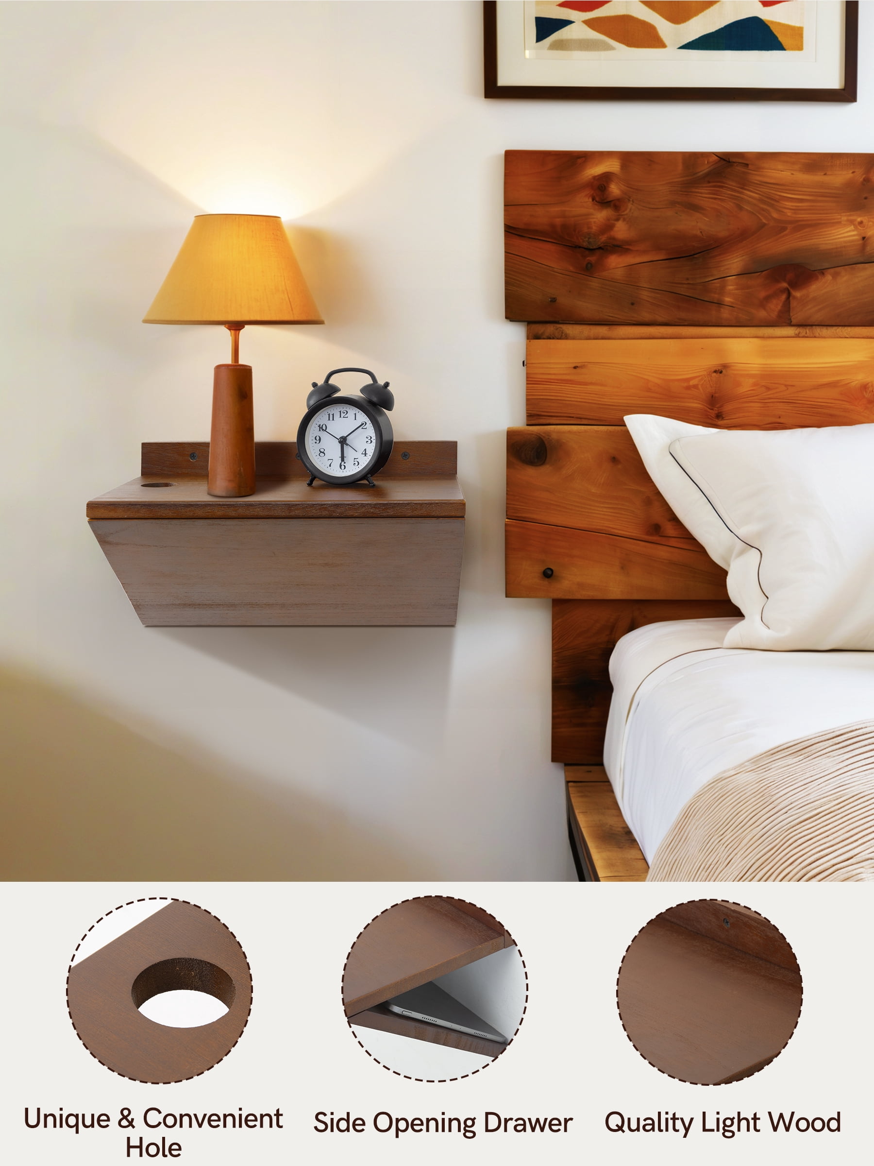 Gronda Floating Nightstand Set of 2,Space Saving Wall Mounted Bedside Table with Cable Hole,Walnut Wood Small Hanging Nightstands for Bedroom Apartment
