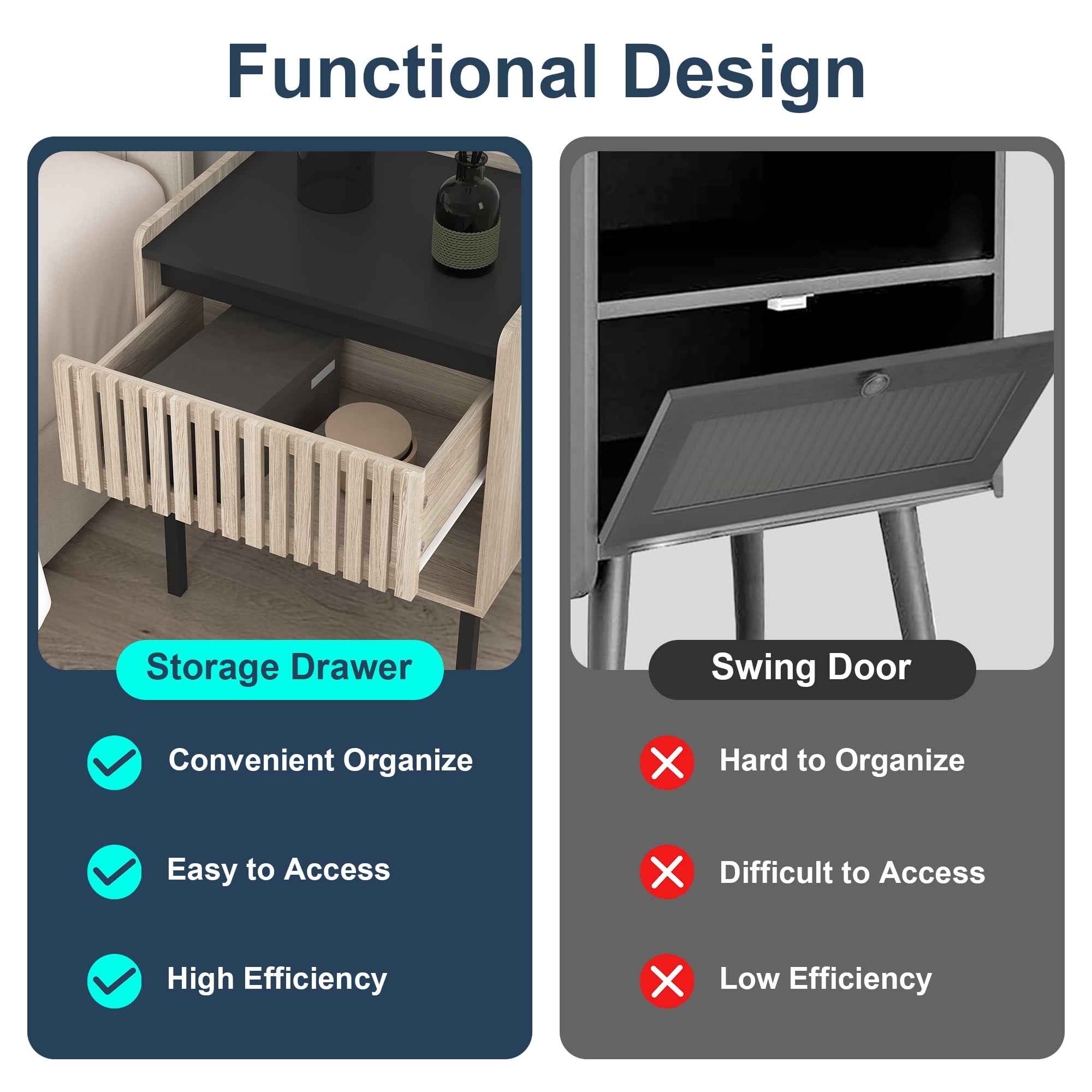 Demi Bonn Set of 2 Modern Nightstand with Minimalist Iron Foot Design, Vertical Stripe Elements, Bedside Cabinets for Contemporary Homes, Beige