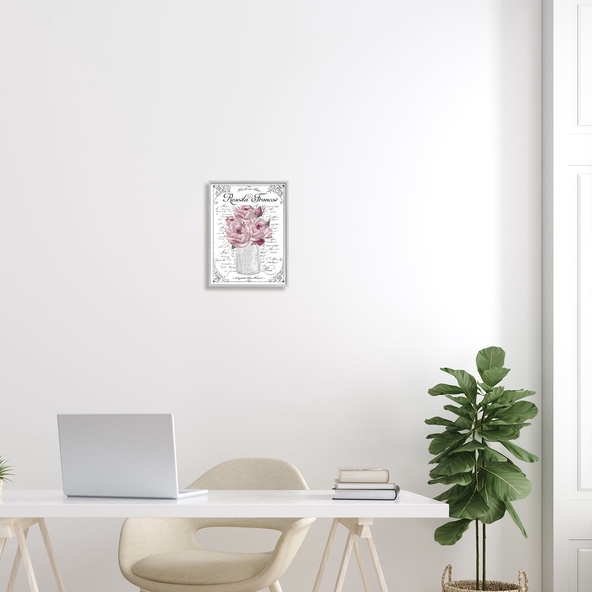 Stupell Industries Pink Roses Bouquet French Words Fancy Script Background Graphic Art Gray Framed Art Print Wall Art, Design by Lettered and Lined