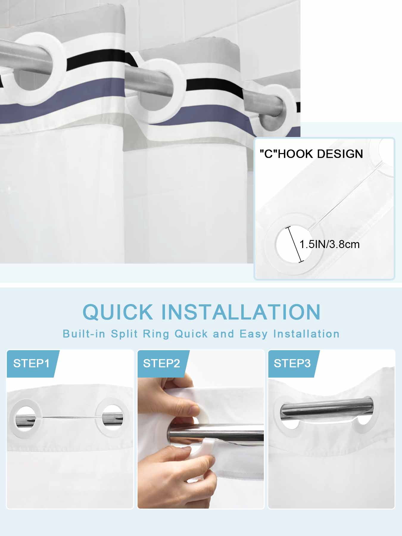 No Hook Shower Curtain with Snap in Liner,Classic Stripes Retro Waterproof Bath Curtain Double Layers with See Through Top Window,Blue Beige White Hotel Shower Curtains 72x72in