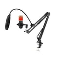 thumbnail image 1 of Micrófono USB con iluminación RGB para streaming, karaoke y videoconferencias, incluye brazo ajustable y soporte antivibración, diseño elegante en negro y dorado., 1 of 6
