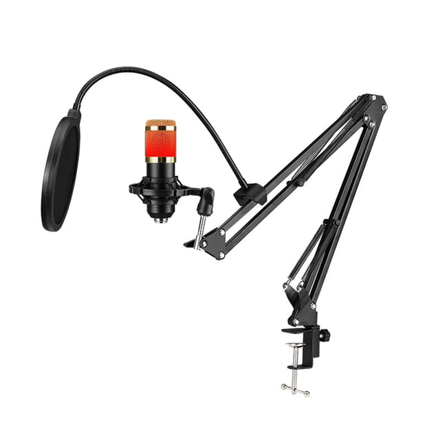 Micrófono USB con iluminación RGB para streaming, karaoke y videoconferencias, incluye brazo ajustable y soporte antivibración, diseño elegante en negro y dorado.