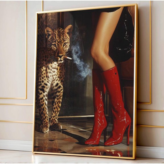 Red Boots Print, Retro Leopard Poster, High Fashion Poster, Hypebeast Aesthetics, Luxurious Wall Art, Chic Designer Poster, Cool Girl Photo Wall Art, Modern Wall Decor, 8x12 UNFRAMED