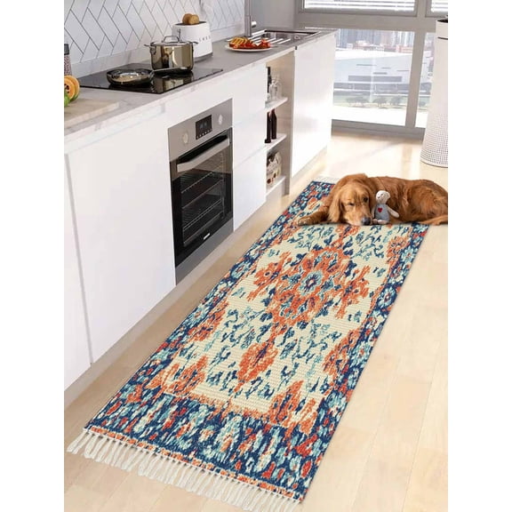 Orange Blue Ethnic Entryway Runner Rug 2x4ft,Boho Vintage Geometric Art Washable Woven Living Room Hallway Bedroom Kitchen Carpet with Tassels,Non-Shedding Indoor Outdoor Throw Door Mat for Entryway