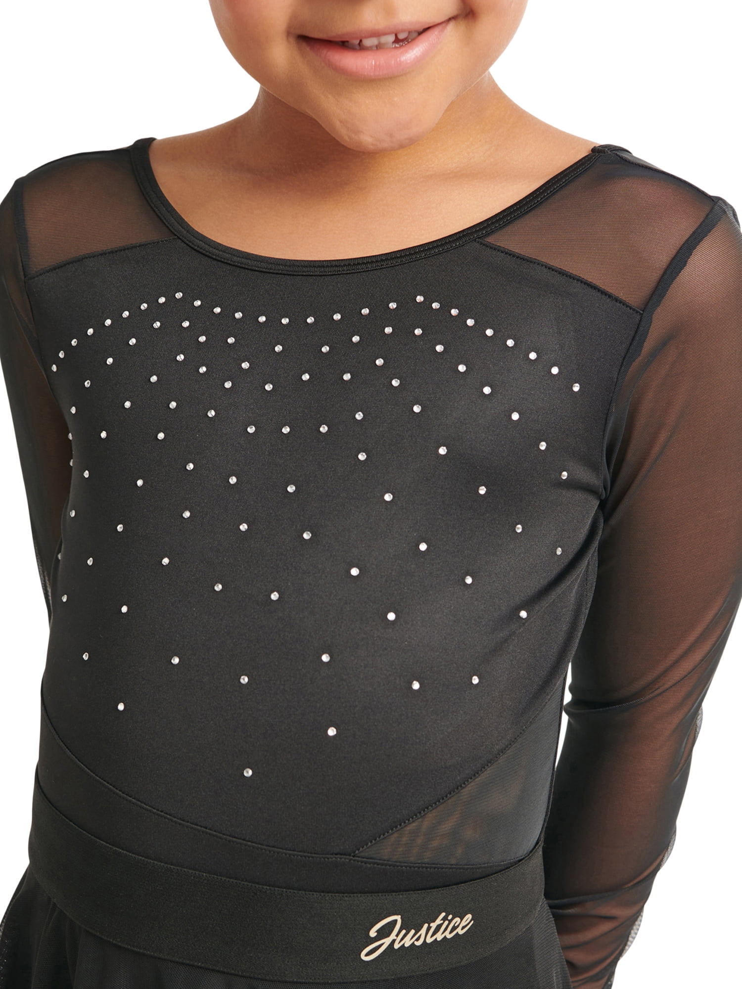 Justice Girls Long Sleeve Gymnastics and Dance Leotard with Mesh Panels & Rhinestone Accents, XS-XL