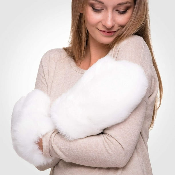 Faux Fur Winter Gloves for Women - Rabbit Fur Lined Natural Mittens (White)