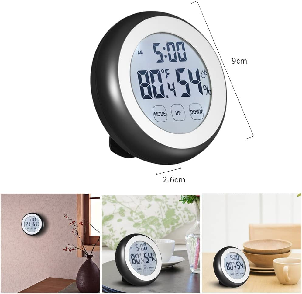 LINLIN Digital Hygrometer Thermometer Clock,Touch Screen Temperature Humidity Monitor Alarm Clock with Backlight Magnetic Battery Operated for Home Fridge Office Baby Room