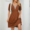thumbnail image 3 of Jdlsppl Women's Midi Dress Short Sleeve Dresses Summer Party Ruched V Neck Fall High Waist Vintage A Line Dress Brown Large, 3 of 4