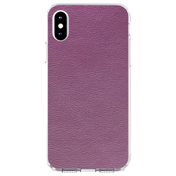 DistinctInk Clear Shockproof Hybrid Case for iPhone XR (6.1" Screen) - TPU Bumper, Acrylic Back, Tempered Glass Screen Protector - Purple Faux Leather Print Design - Printed Faux Leather Image