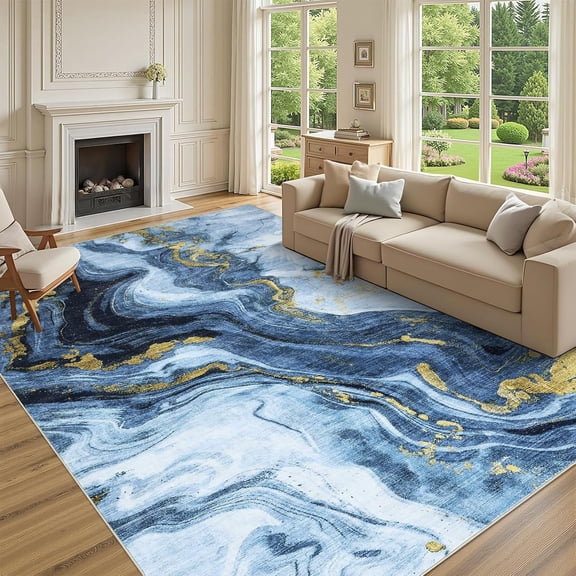 8x10 Modern Abstract Area Rug, Non Slip Washable Low Pile Stain Resistant Living Room Bedroom Carpet,blue