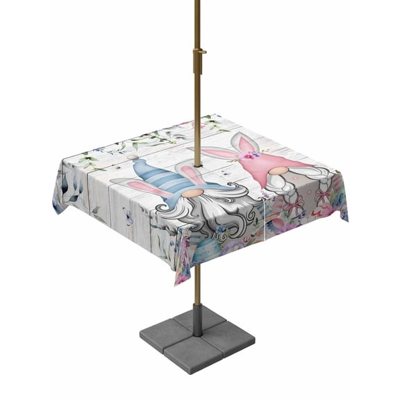 Outdoor Tablecloth with Umbrella Hole and Zipper, Gnomes Easter Square Table Cloth 60x60 Inch Waterproof Tablecloth, Colorful Spring Floral Weeping Eggs Wooden Picnic Table Cover for Patio Camping