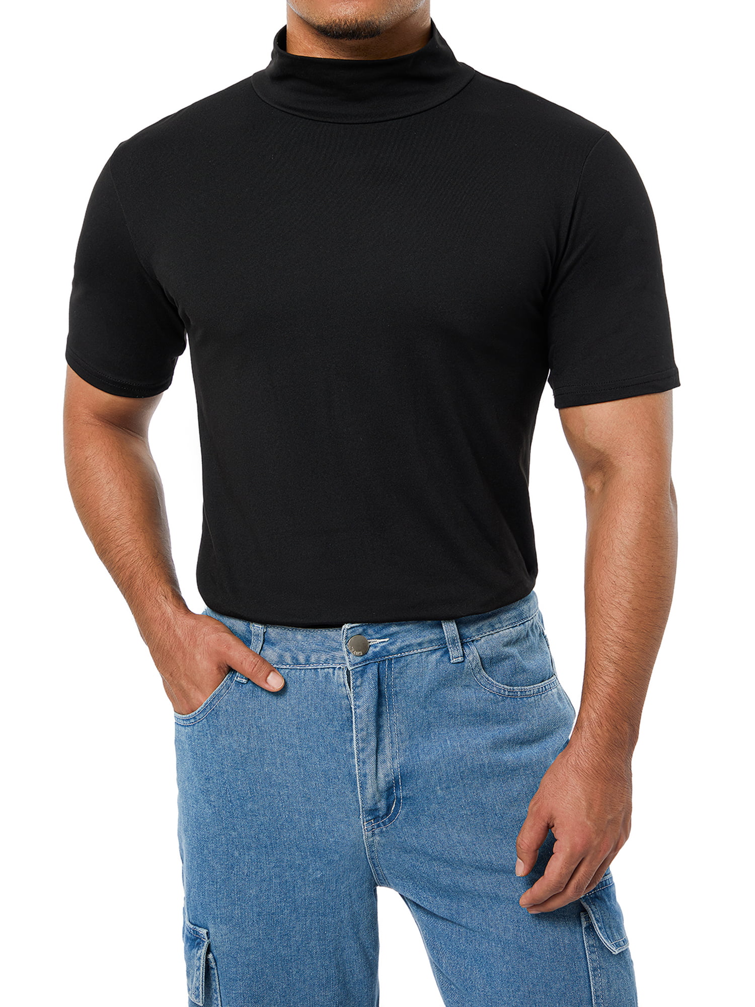 RYRJJ Mens Mock Turtleneck T-Shirt Short Sleeve Pullover Basic Designed  Undershirt Stretch Lightweight Slim Fit Athletic Muscle Tops(Black,3XL) 