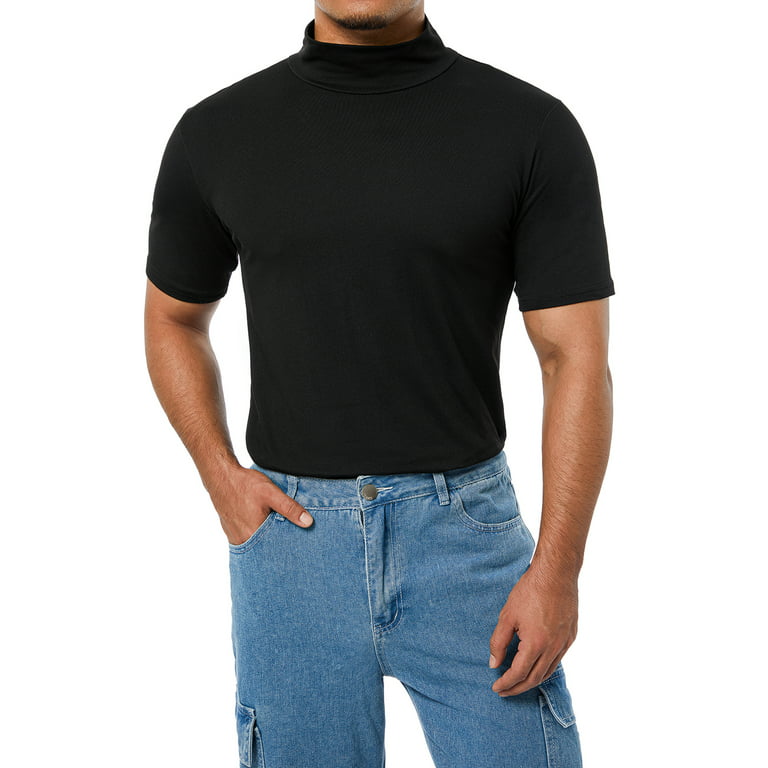 Men Basic T-shirts Tight-fitting Fashion High Neck Solid Color  Short-sleeved Bottoming Shirt Slim Fit Turtleneck Tee Tops