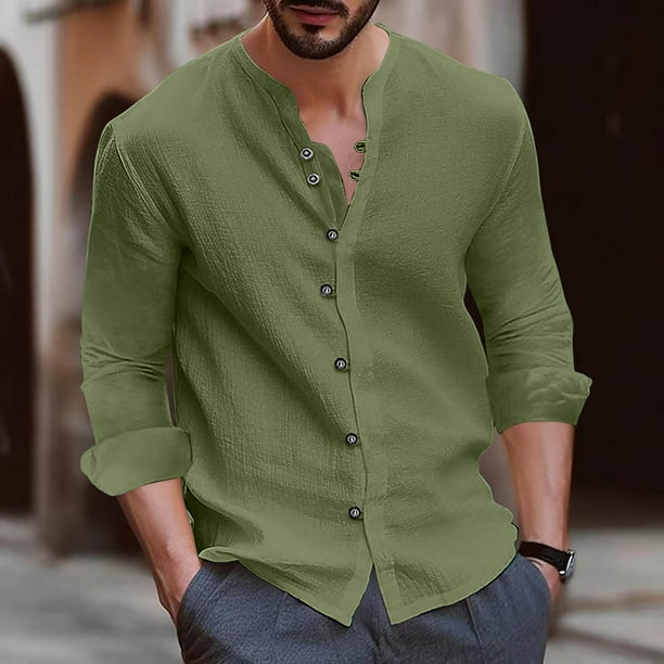 Blusas y camisas de manga larga con cuello redondo para hombre, blusa informal de moda lisa con cuello redondo y botones, blusa de manga larga para hombre.