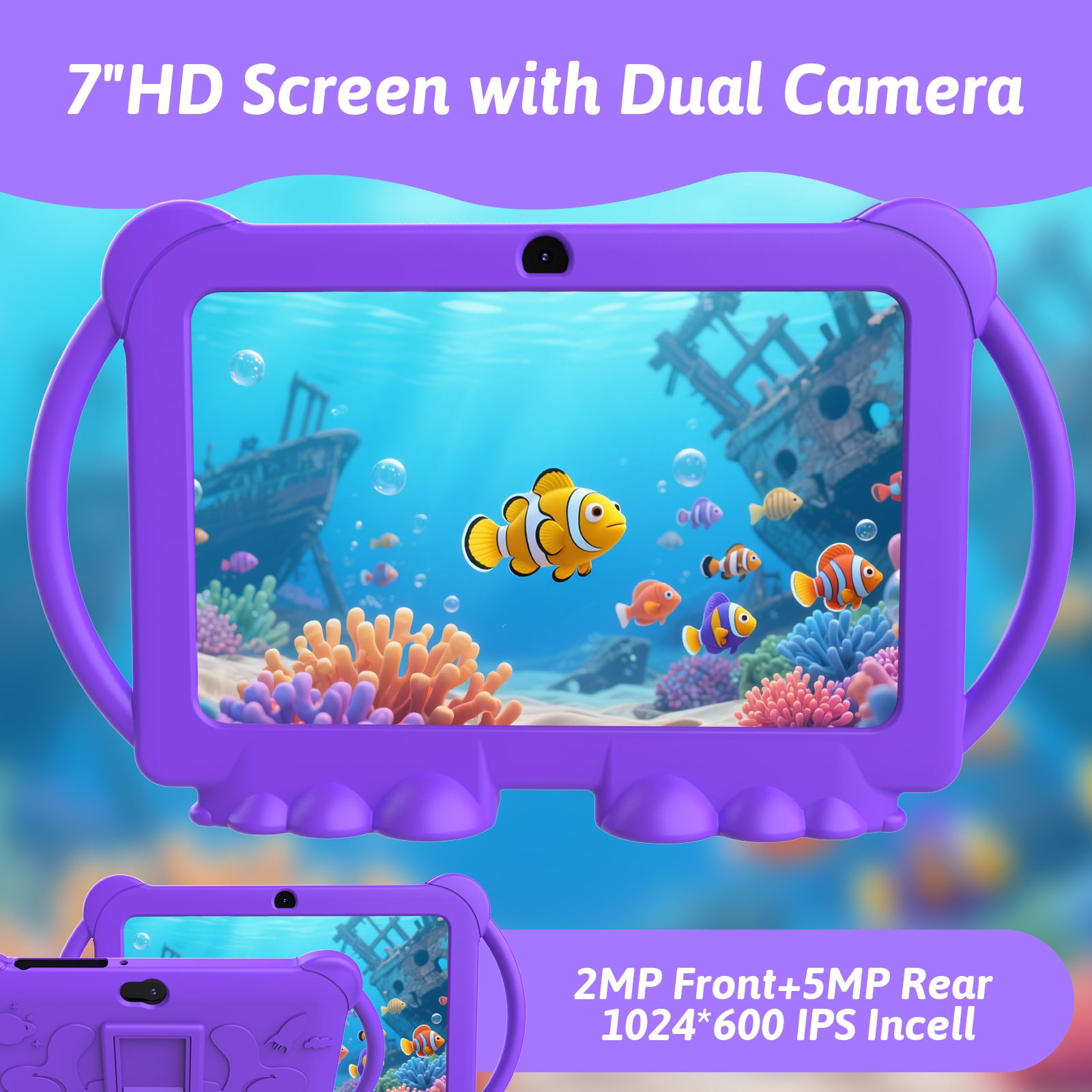 WUIUHOU 7inches Android 12.0 tablet for Kids with Case, 4GB(2+2Expand) RAM+32GB ROM(Can Expand Up to 512GB), Front 2.0MP+ Back 5.0MP Dual Cameras, 1024*600 IPS LCD, Purple