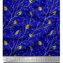 Soimoi Blue Moss Georgette Fabric Leaves & Flowerpecker Bird Decor Fabric Printed Yard 44 Inch Wide