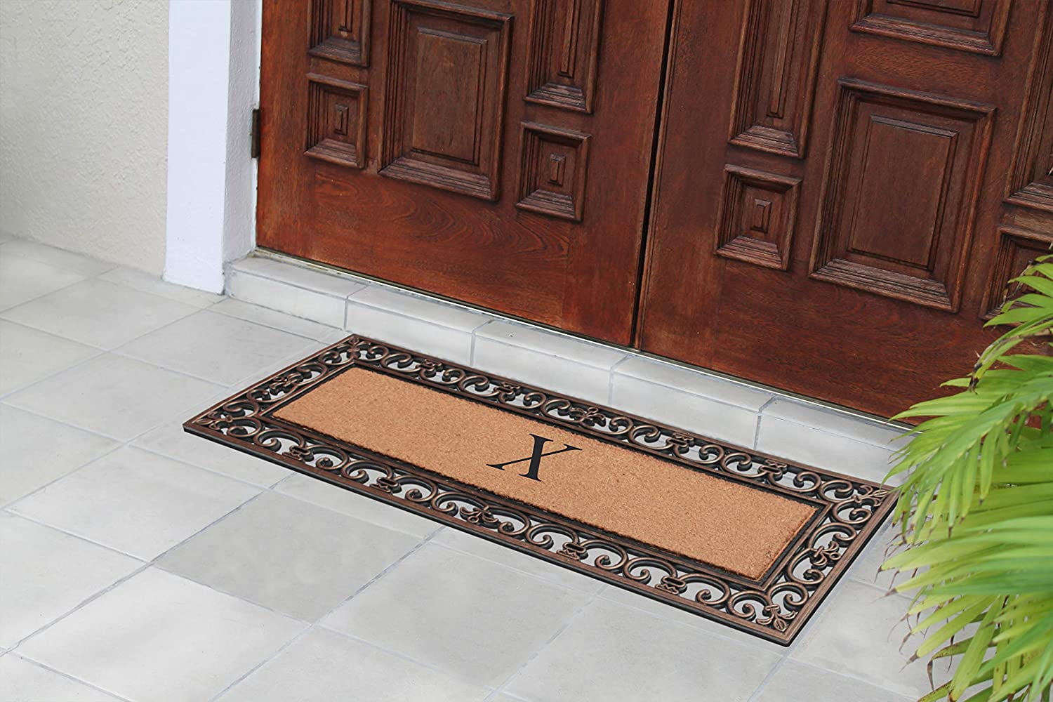 A1HC Rubber and Coir Paisley Border Myla Double Door Monogrammed E Doormat 17.71"X47.25", Bronze