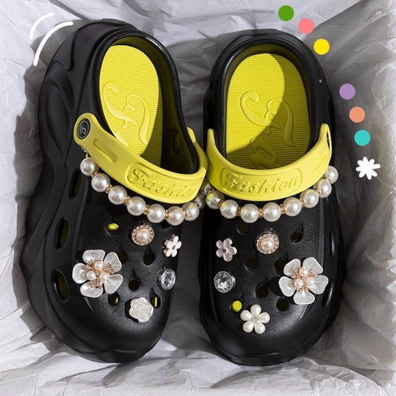 Panliya is beautiful Pearl Chain Chunky Platform Sandals for Women 2024 Summer Thick Sole Beach Sandals Woman Flowers Non Slip EVA Clogs Garden Shoes