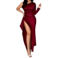 thumbnail image 2 of Womens Wedding Guest Maxi Dress Fall One Shoulder Sleeve Satin Bodycon High Split Cocktail Formal Prom Dresses Wine Red M, 2 of 7