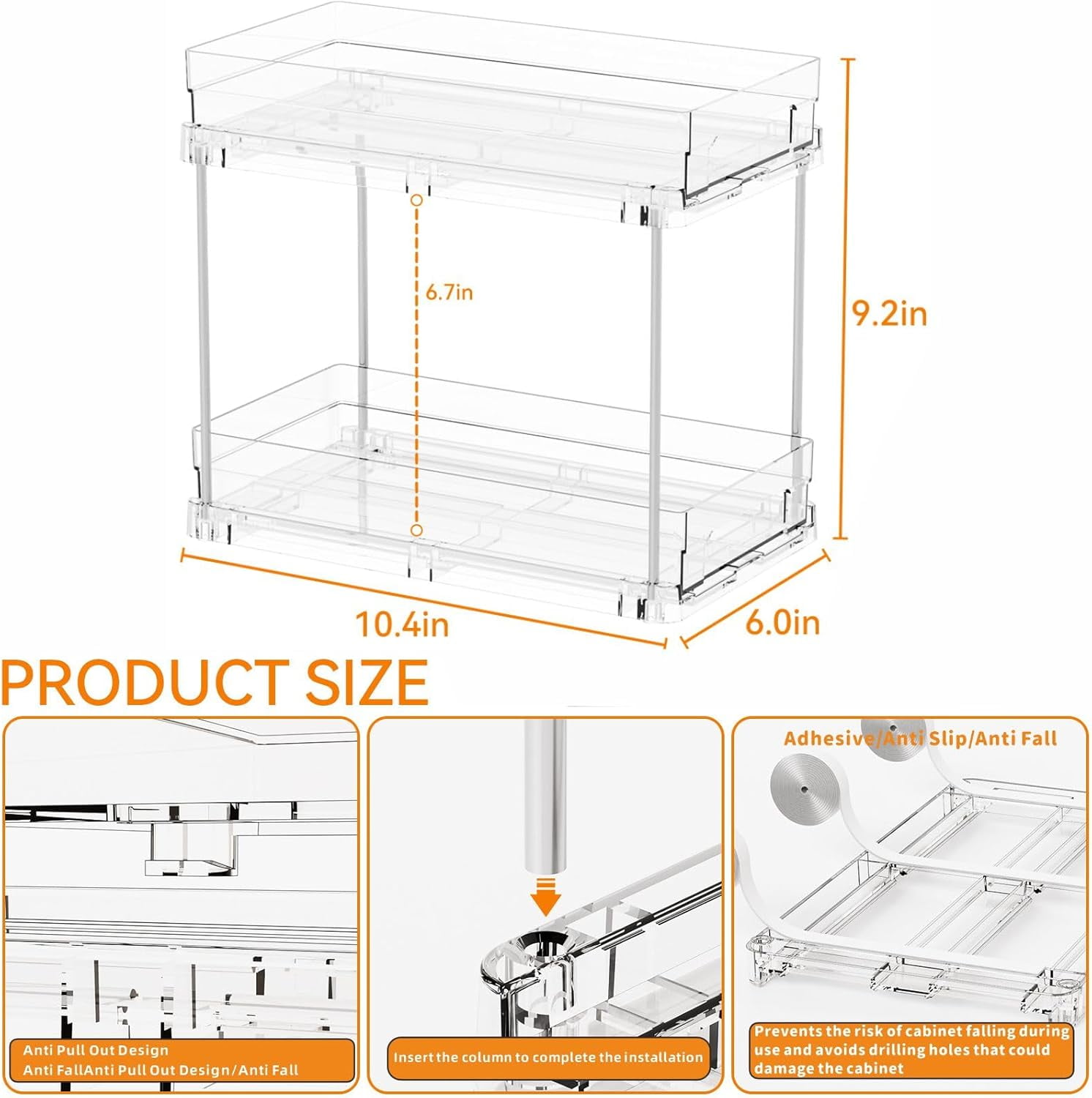 RGHJAR-2 Set,2 Tier Pull Out Cabinet Organizer for Supplement and Medication Bottle Organizers,10.4" Deep Pantry Organizers Drawer and Sliding Clear Under Sink Organizer for Bathroom Vanity and Under