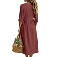 thumbnail image 5 of CHGBMOK Cotton Linen Dresses for Women Fall 3/4 Sleeve V Neck Fitted Waist Dress Side Slit Midi Dress with Pockets, 5 of 6
