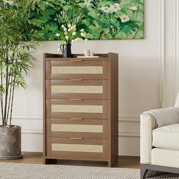 5 Drawer Dresser for Bedroom, Wooden Entryway Rattan Chest of Drawers Large Clothes Storage Cabinet Boho Night Stand for Living Room Hallway Nursery, Dark Oak