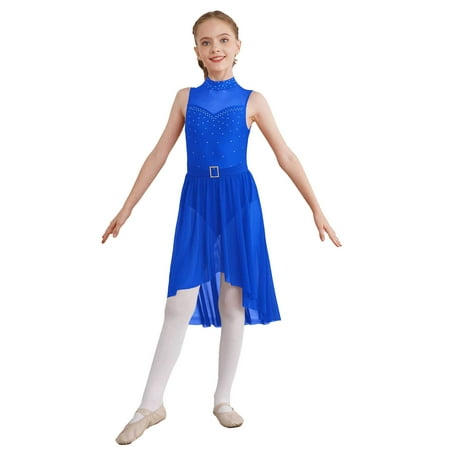 iEFiEL Kids Girls Modern Lyrical Dance Leotard Dress Sleeveless Rhinestone High-Low Hem Dancewear Modern Contemporary Dance Dress Royal Blue 10