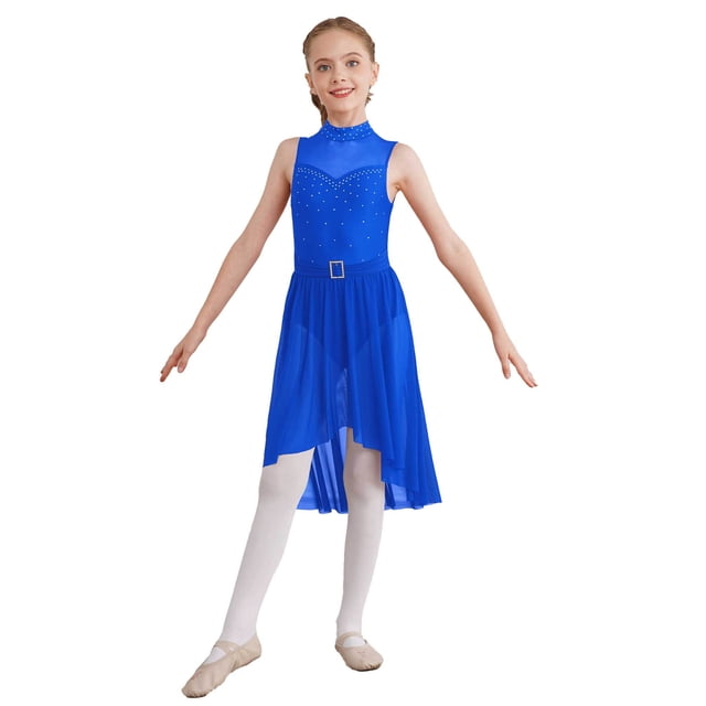 RUNQHUI Robe de Danse Lyrique Ballet Strass pour Filles Patinage Artistique Sans Manches Justaucorps Jazz Latin Danse Moderne Bleu Royal 6