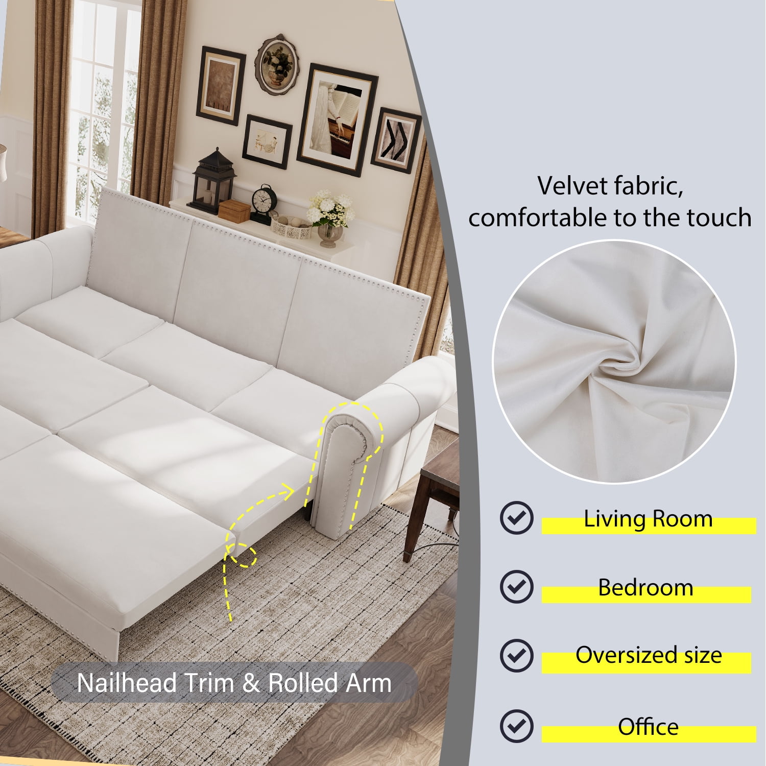 3-in-1 Convertible Velvet Sofa Bed, King Size Pull Out Sleeper Couch, White