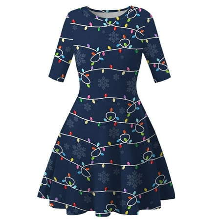 

SIEYIO Women Christmas Half Sleeves Cartoon 3D Printed Flared Swing Midi A-Line Dress