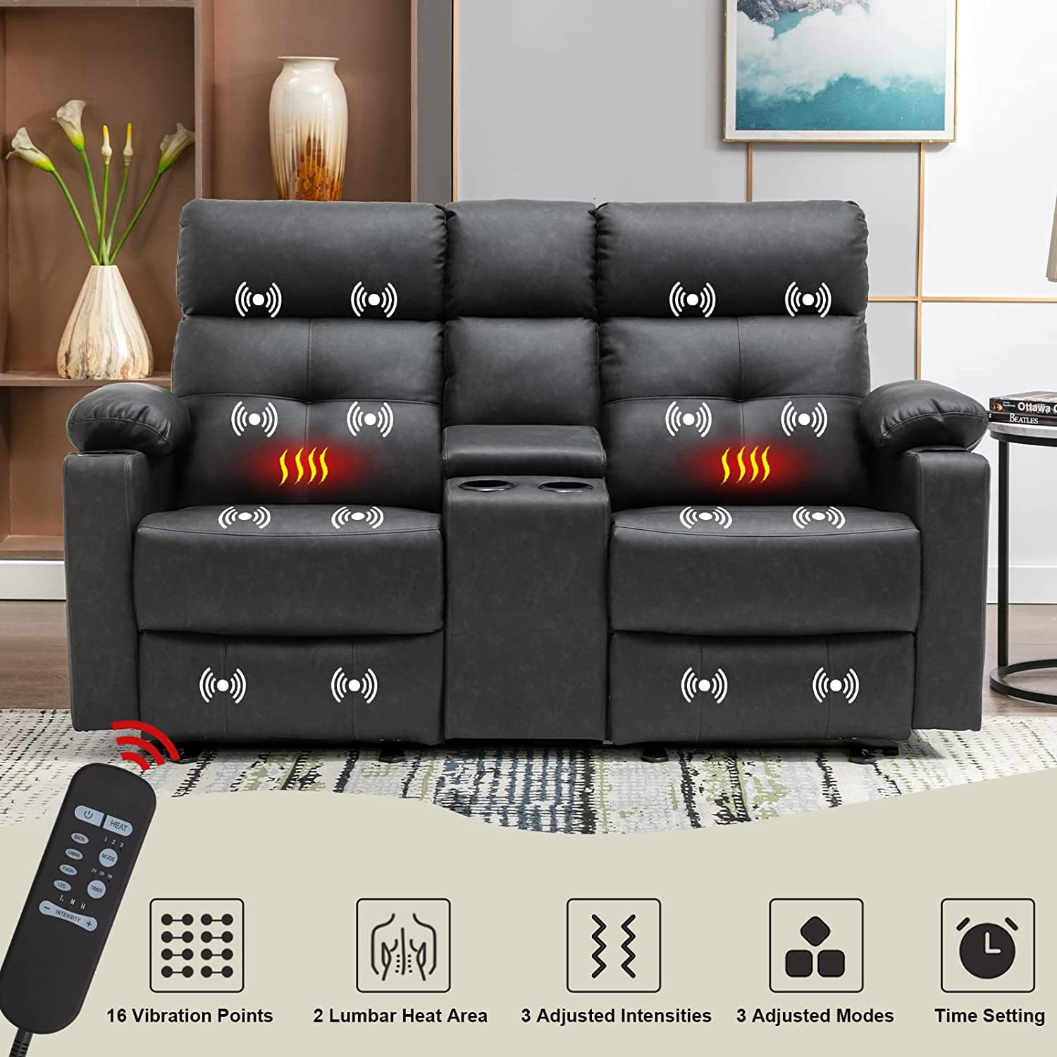 Loveseat Recliner, Power Double Recliners Loveseat, Electric Reclining Loveseat with Heat and Massage, Leather Reclining Loveseat with Console, Cup Holders, Lumbar Support for Living Room