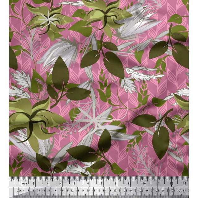 Soimoi Voile de Coton Rose Tissu Imprimé Feuilles Artistiques au Mètre 56 Pouces de Large