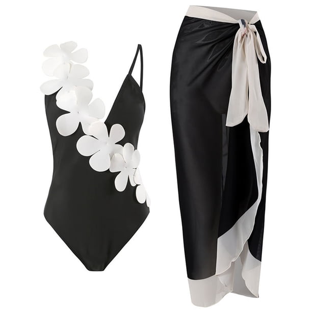 Gibobby Trajes de Baño Mujer Traje de baño de 1 pieza para mujer + 1 pieza para cubrirse Traje de baño de dos piezas con estampado vintage Monokini Bikin(Negro,CH)
