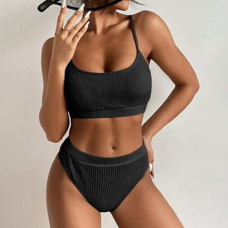 POROPL Swim Suits for Women 2025 Bikini High Waisted Halter Top Swim Padded Lace Swim Black Size S-XL