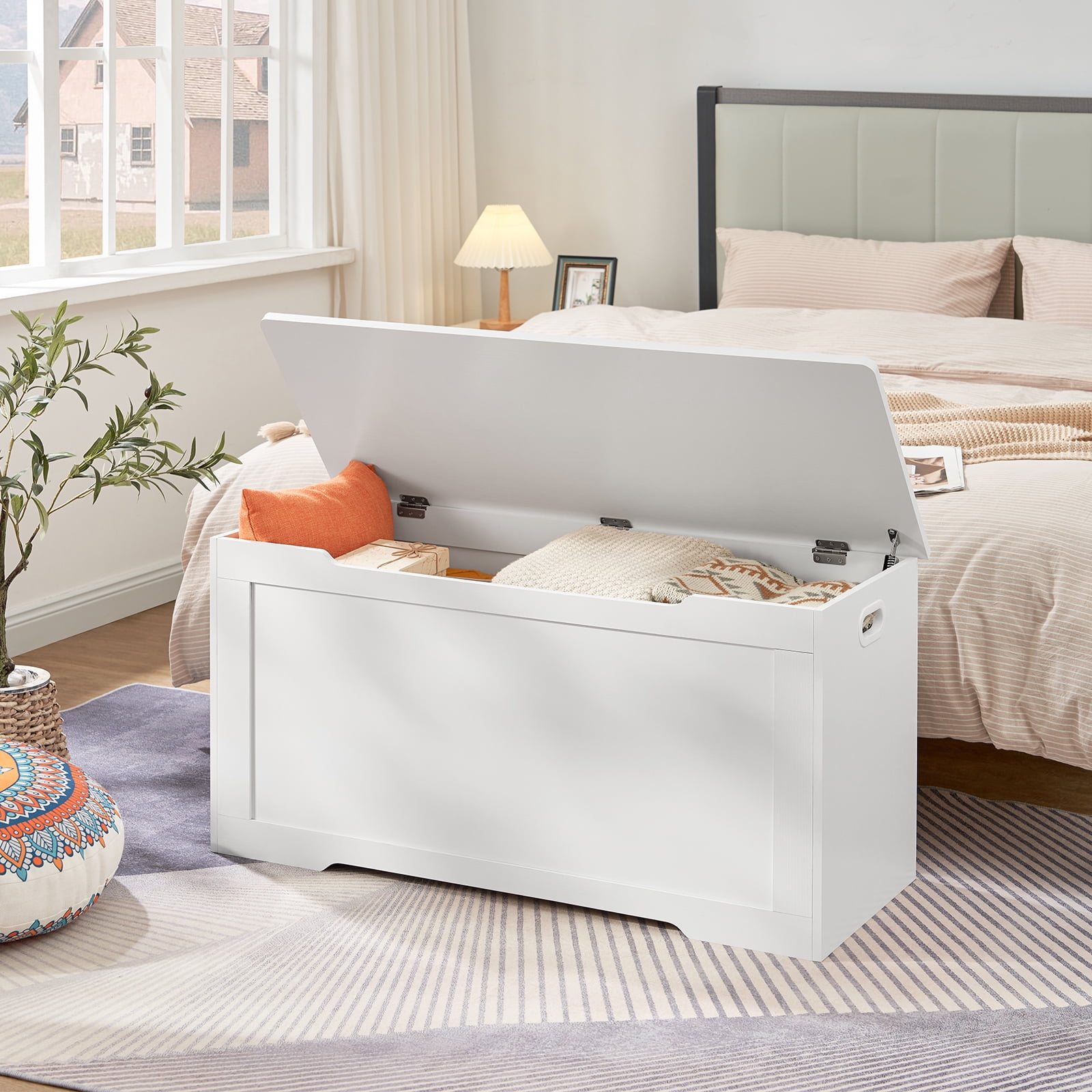 39.4” Storage Chest, Toy Chest, Toy Box with 2 Safety Hinges, Lift Top Wooden Storage Chest, Storage Bench, Supports 220 lb, for Living Room, Bedroom, Entryway, White