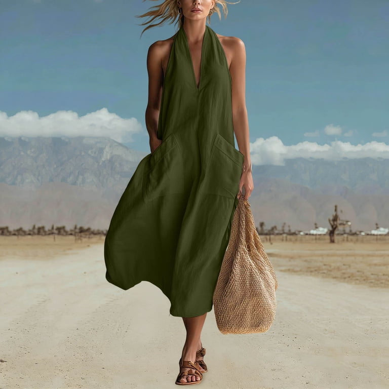 green halter backless maxi dress Miluxas Womens Halter Backless Maxi Dress Summer Sleeveless V Neck A Line Long  Dresses with Pockets Y2k Going Out Dress Beach Vacation Outfits Army Green