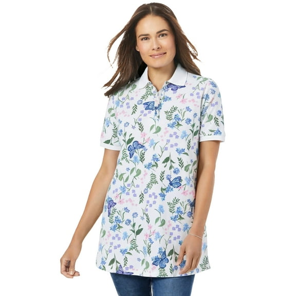 Woman Within Plus Size Perfect Printed Short-Sleeve Polo Shirt