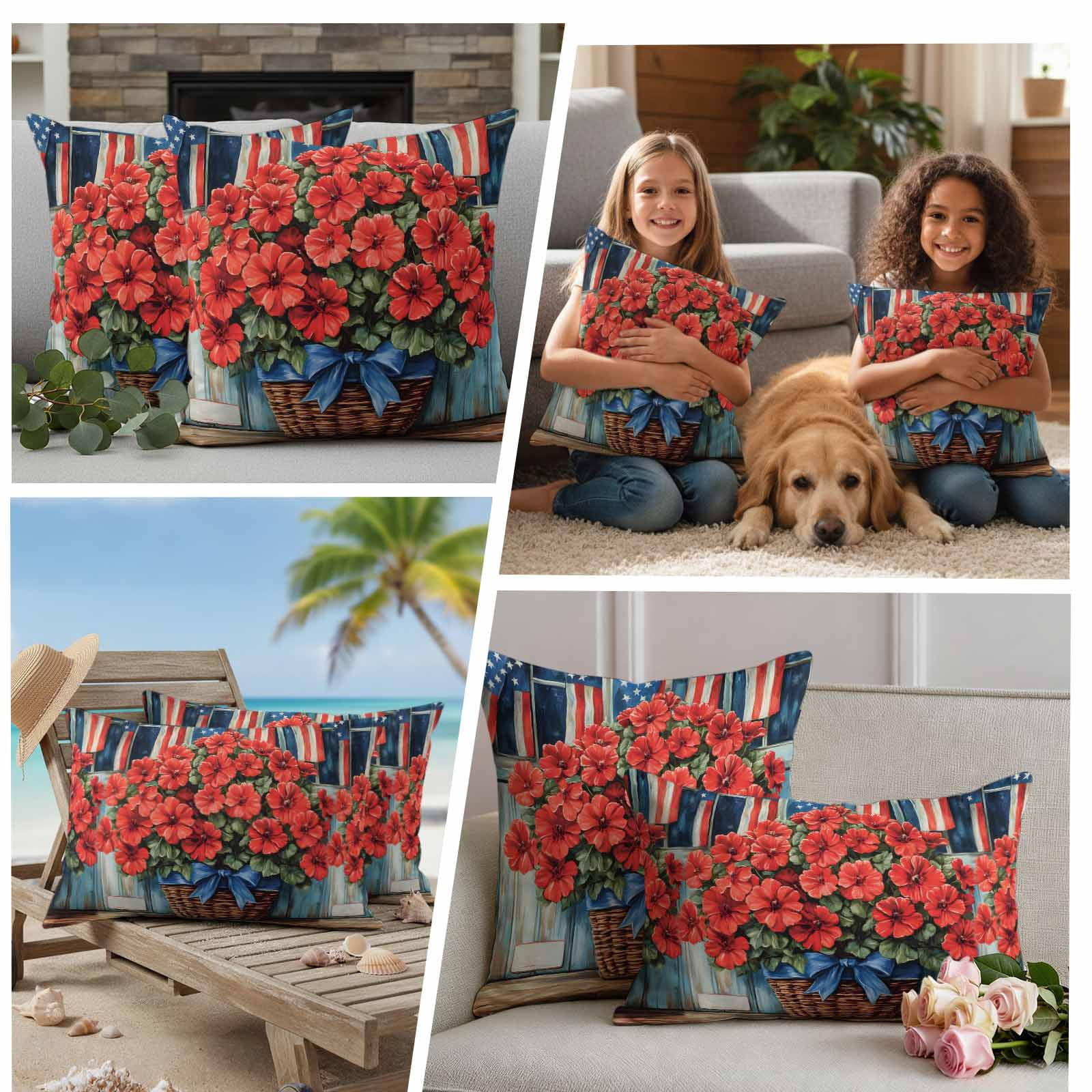 Begonia Flower Pillow Covers 2 Pack American Flag Retro Pillowcase Waterproof Outdoor Throw Pillow Cover for Patio Garden Square Cushion 26”x26”