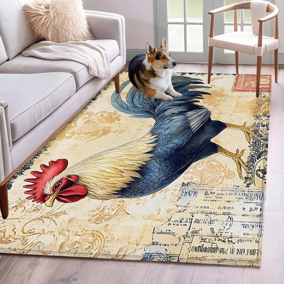 Navy Blue Rooster Area Rug 3x5 Washable Rug Non Slip Vintage Watercolor Animals Large Area Rug Indoor Floor Carpet for Entryway Bedroom Kitchen Living Room Home Office Dining Room Nursery