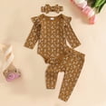 thumbnail image 2 of TOWED22 Newborn Girl Fall Winter Outfits 3 Pcs Clothing Set Long Sleeve Round Neck Graphic Romper Jumpsuit Flare Pants Headband Baby Girl Clothes Set(Brown,12-18 M), 2 of 4