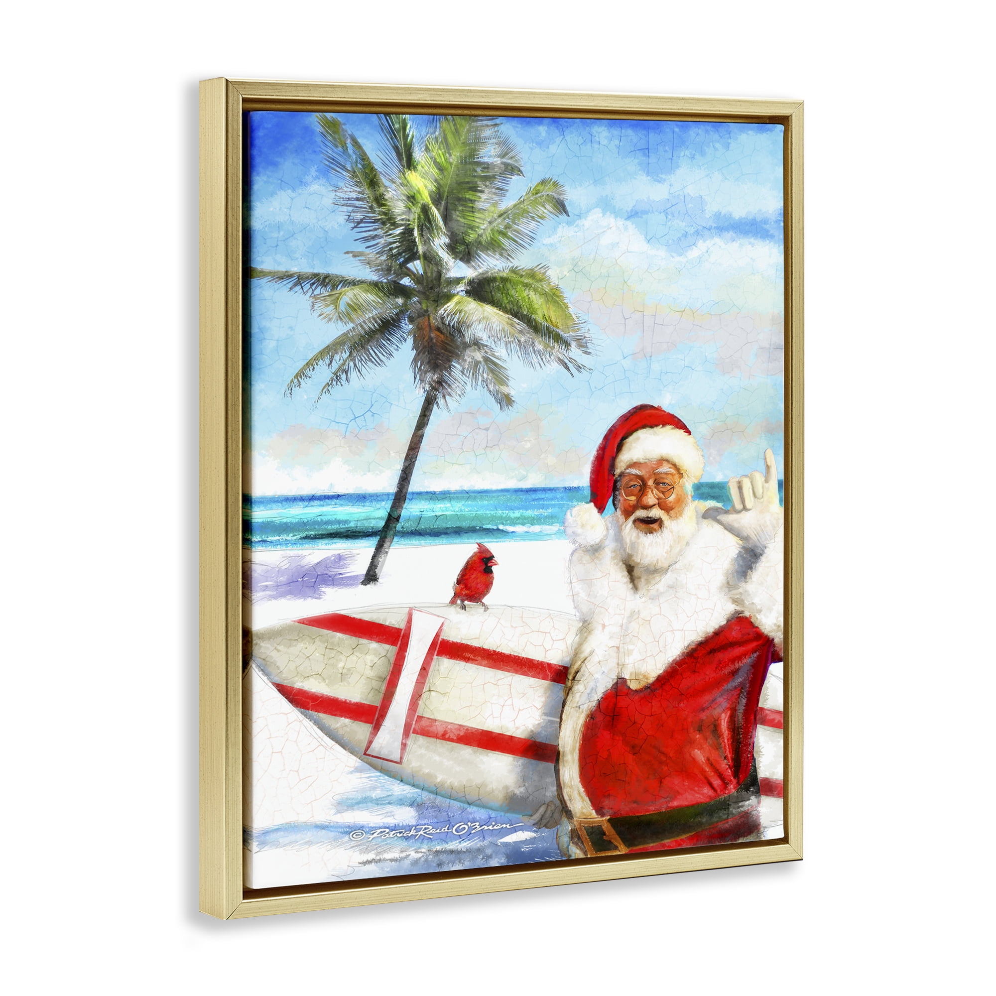 Stupell Industries Surfing Santa at Beach Holiday Painting Gold Floater Framed Canvas Art Prints Wall Art, 25 x 31