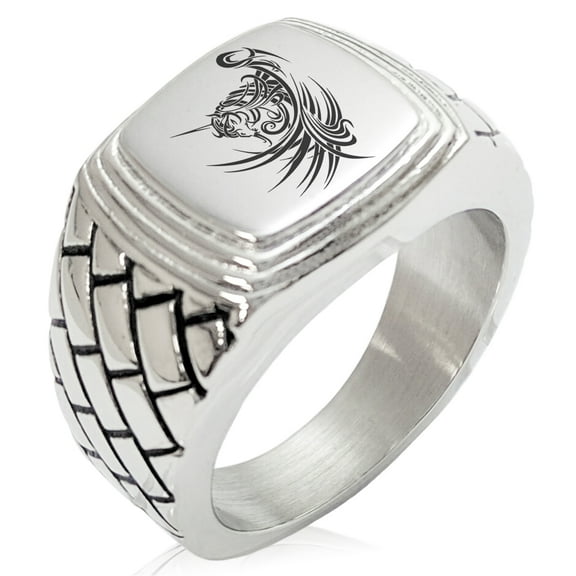 Stainless Steel Almighty Alicorn Geometric Pattern Step-Down Biker Style Polished Ring