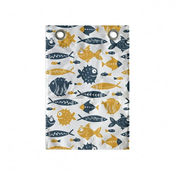 Nautical Hanging Pocket Organizer, Graphical Illustration of Ornamental Bizarre Fish Silhouettes Smiling, Printed Polyester Storage Bag with Pockets, 14" x 20", Orange Dark Teal White