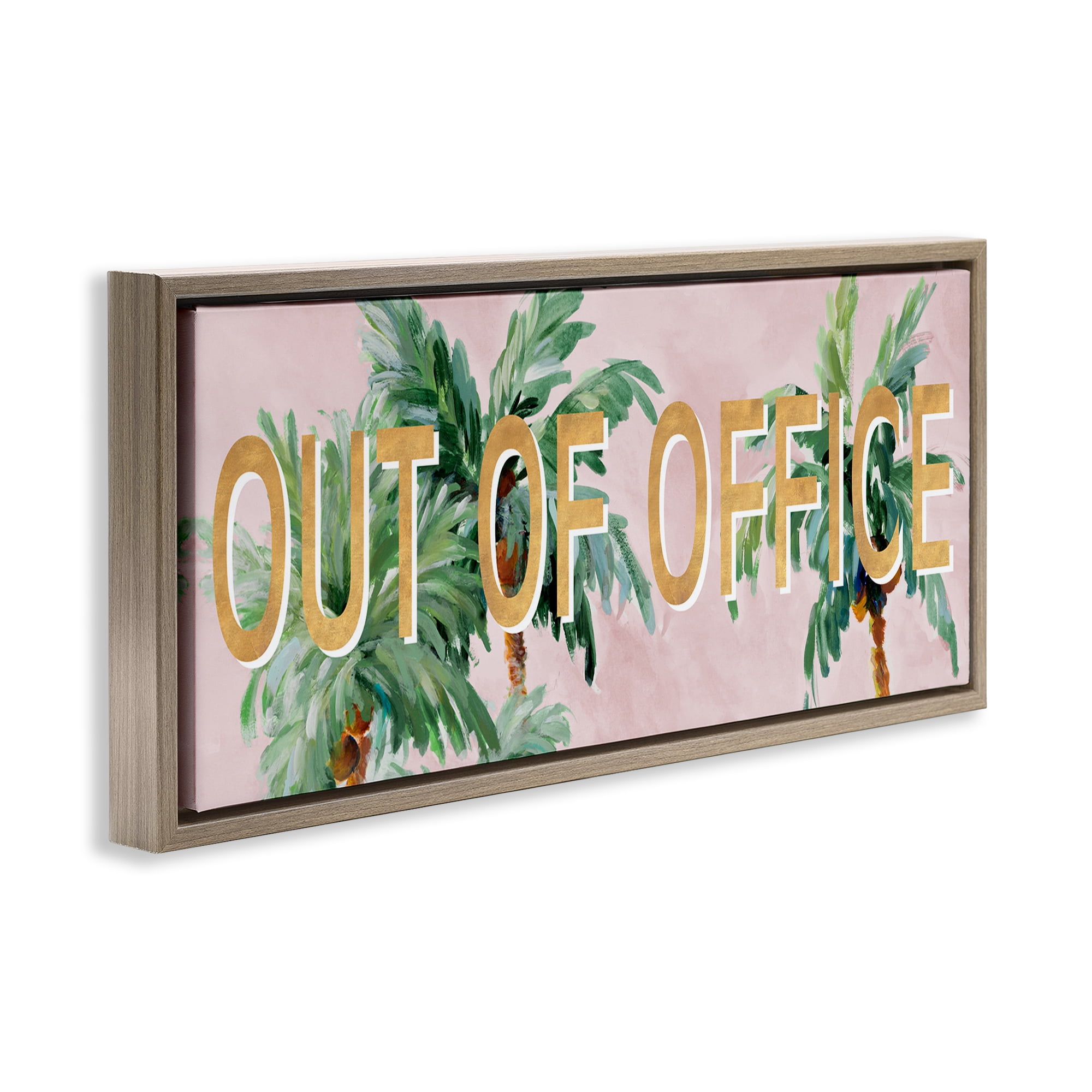 Stupell Industries Out Of Office Palms Typography Painting Brown Floater Framed Canvas Art Print Wall Art, 31 x 14