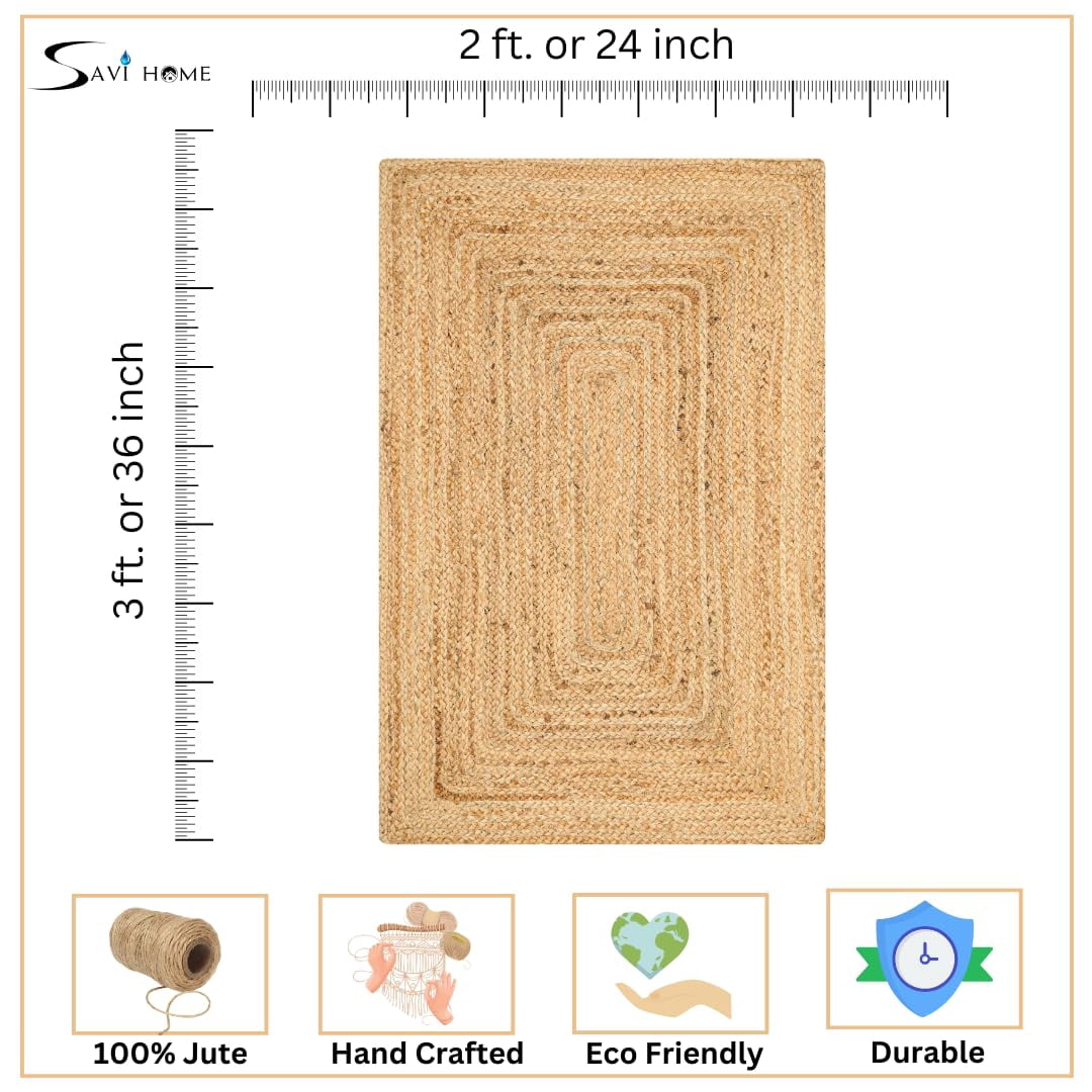 Savi Home Hand Woven Jute Braided Rug, 2'x3' - Natural, Reversible Area Rugs 24x36 Inches