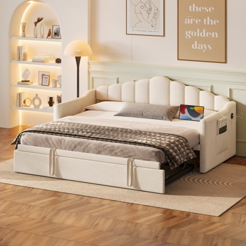 Lit de Jour Rembourré Format Simple avec Lit Gigogne Escamotable à Hauteur Réglable et Port de Recharge USB et Type‐C, Cadre de Lit de Jour avec 2 Poches Latérales, Aucun Sommier Requis, Beige