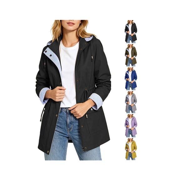 Womens Rain Jacket Waterproof Raincoat With Hood Lightweight Windbreaker Rain Jacket Loose Casual Travel Camping Outdoor Coat