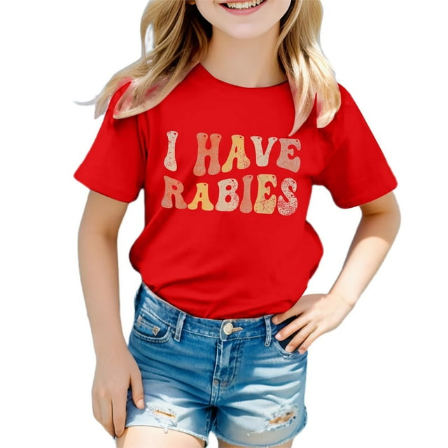 T-shirts pour Petites Filles, Mode Décontractée, Imprimé, Col Rond, Coupe Ample, Manches Courtes, Hauts pour Enfants, Taille 6-7T