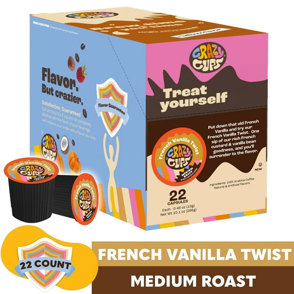 Crazy Cups French Vanilla Twist Coffee Pods, Medium Roast, 22 Count for Keurig K Cups Machines