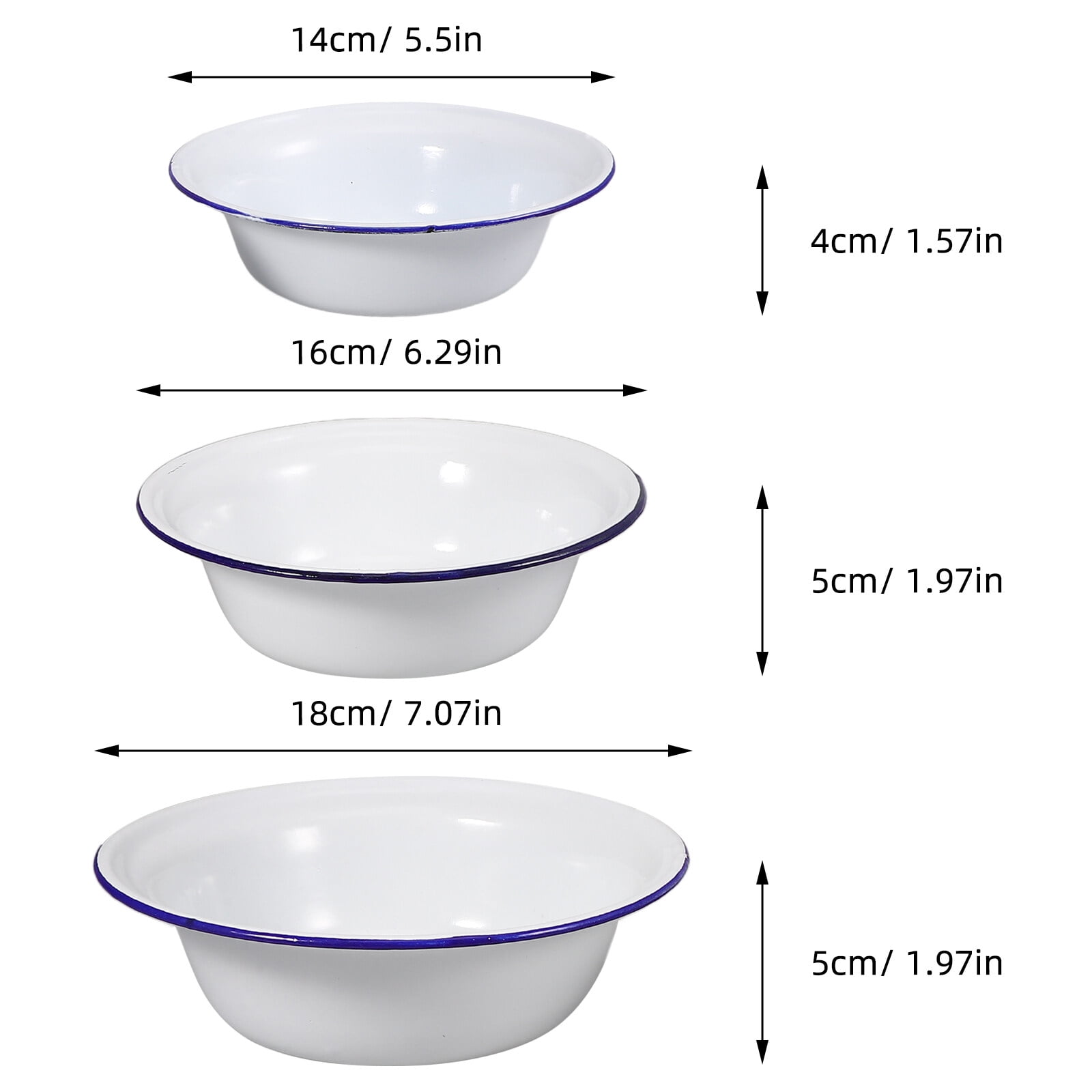3pcs Enamel Bowl Vintage White Enamelware with Blue Rim Metal